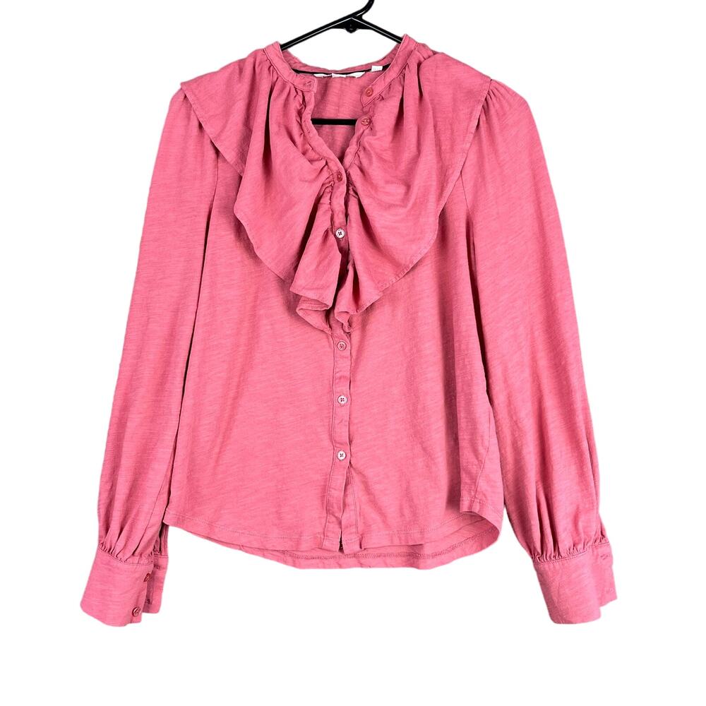 Boden Womens Blouse Dusty Rose Ruffle Front Button Down Long Sleeve Cotton 4